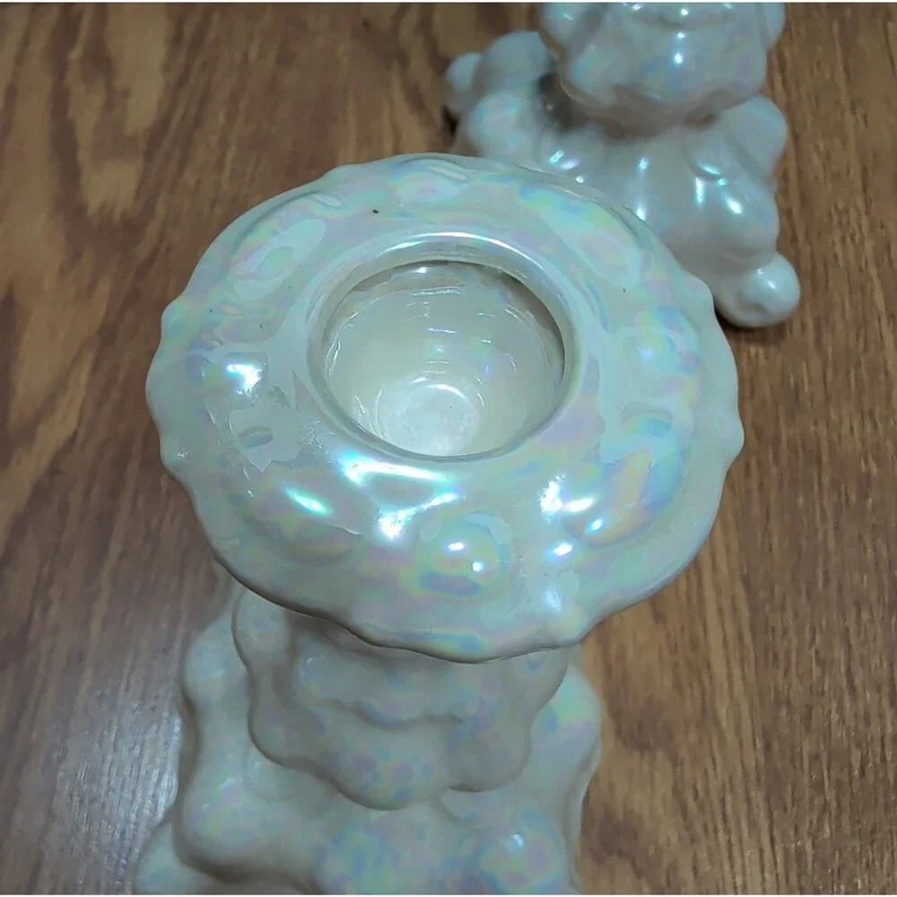 ​VTG White Opalescent Iridescent Glass Taper Candle Holders Set of 2 Baroque 7
